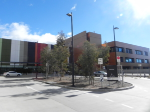 View from the carpark towards the front entrance of the Centenary Hospital for Women and Children